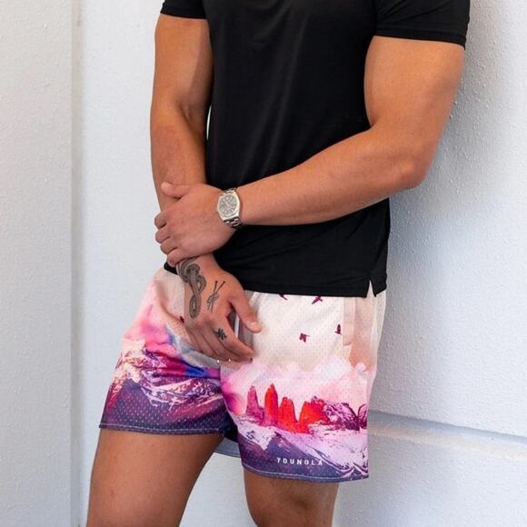 YOUNGLA 141 The Block Party Shorts Sedona Sunrise XXL Heavy Mesh Drawstring Art - Picture 1 of 9